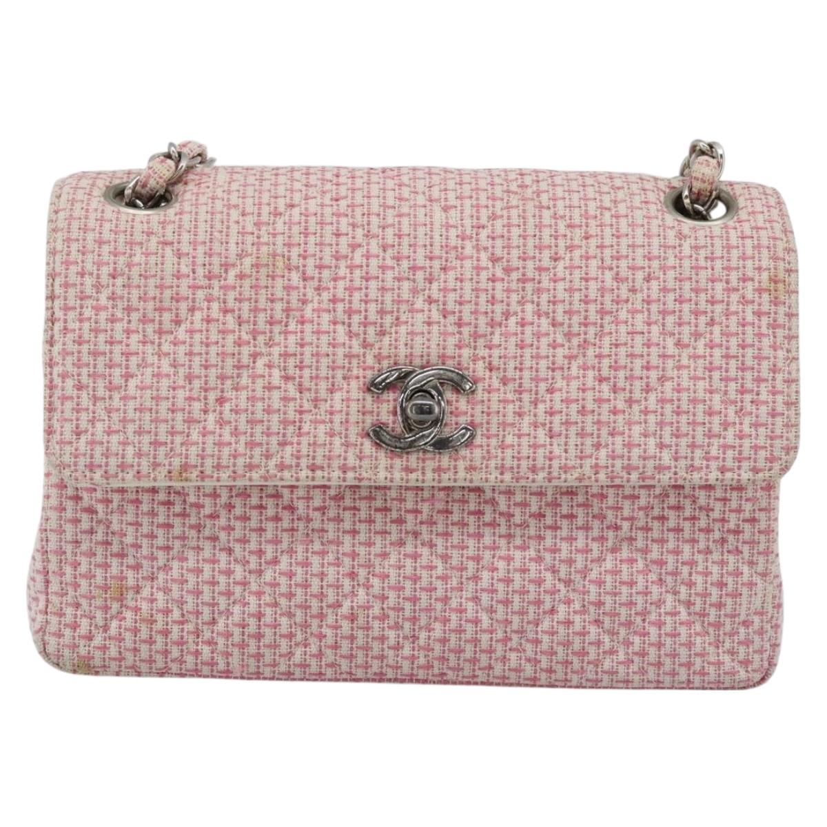 CHANEL Matelasse Chain Shoulder Bag Canvas Pink Silver CC Auth 188723V