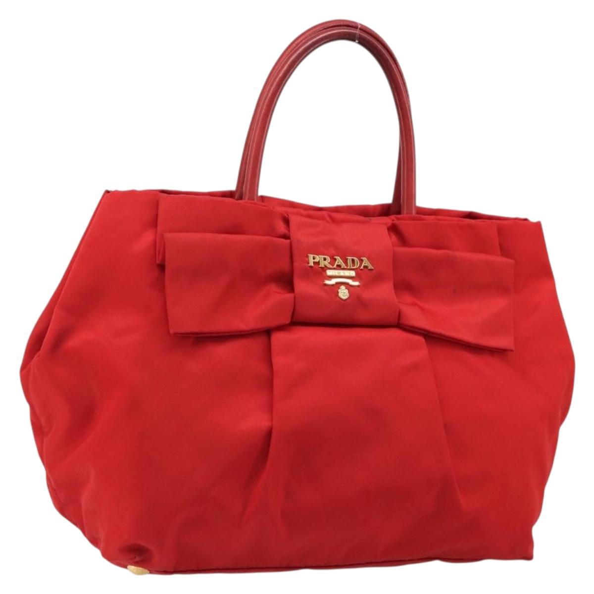 PRADA Ribbon Hand Bag Nylon Red Gold Auth 188725A