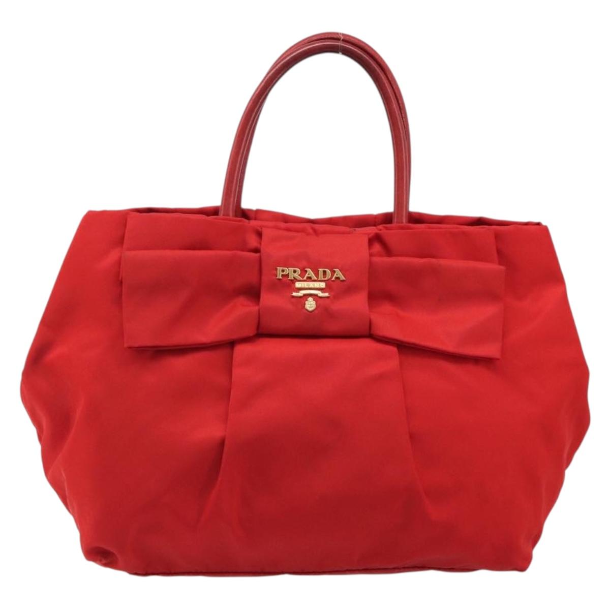 PRADA Ribbon Hand Bag Nylon Red Gold Auth 188725A