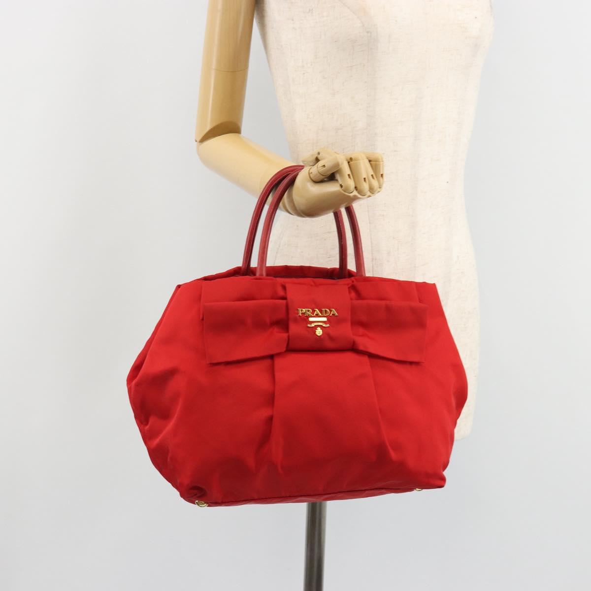 PRADA Ribbon Hand Bag Nylon Red Gold Auth 188725A
