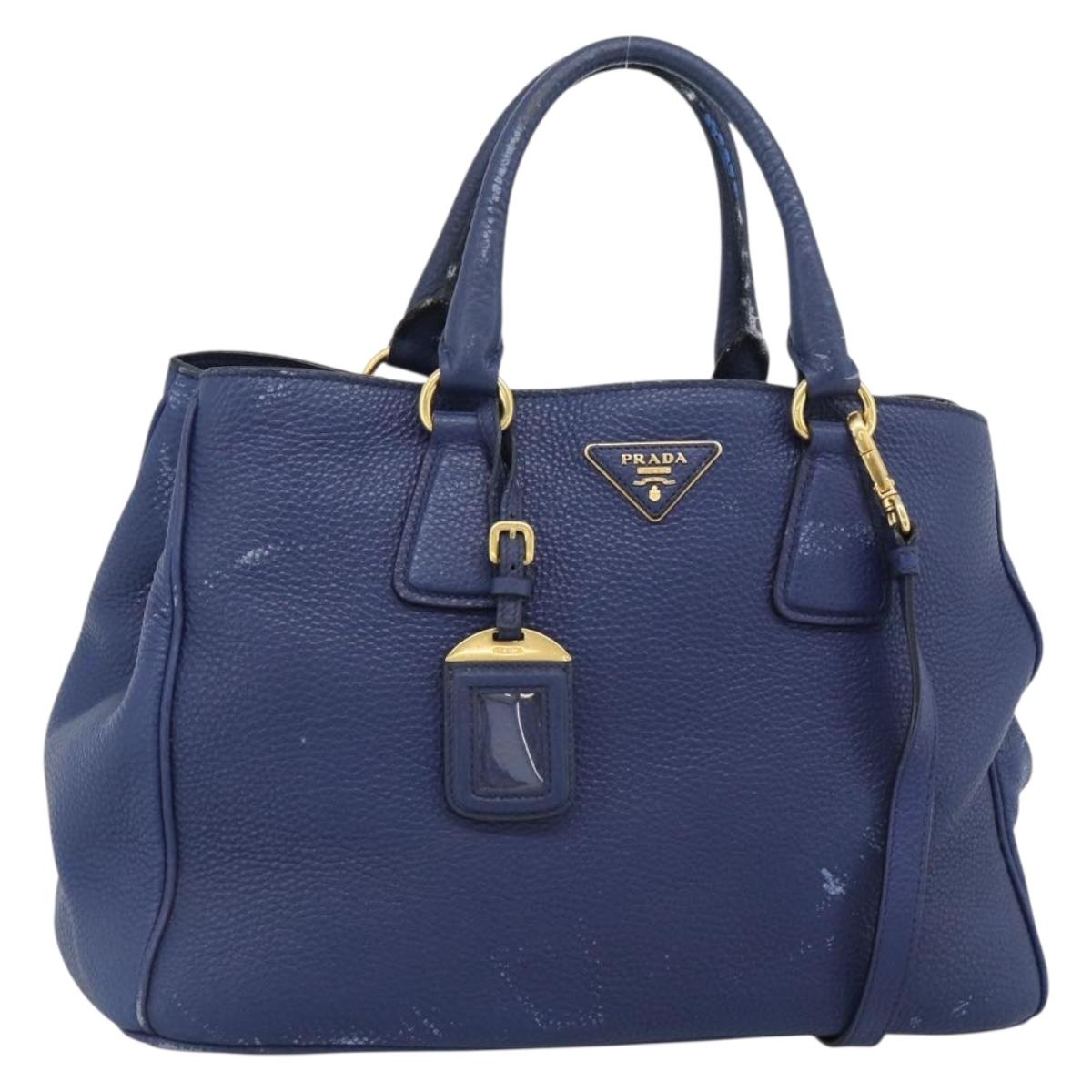 PRADA Hand Bag Vittero Dino Leather 2way Blue Gold Auth 188726