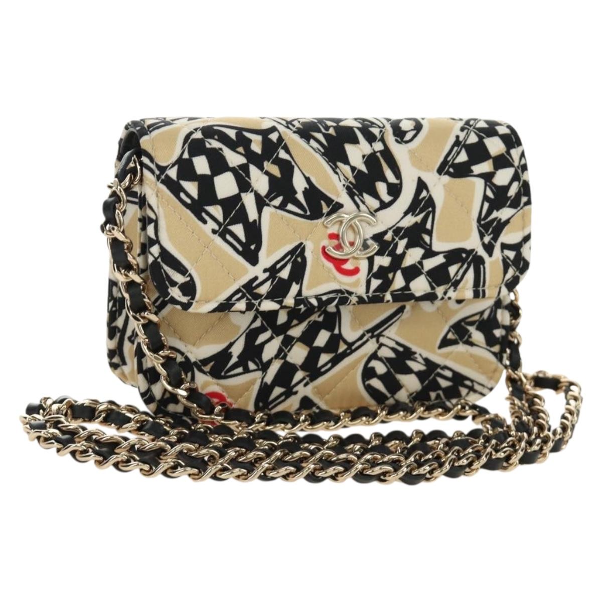 CHANEL Mini Matelasse Chain Shoulder Pouch Satin Beige Silver CC Auth 188736M