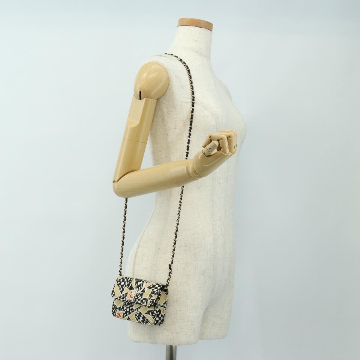 CHANEL Mini Matelasse Chain Shoulder Pouch Satin Beige Silver CC Auth 188736M