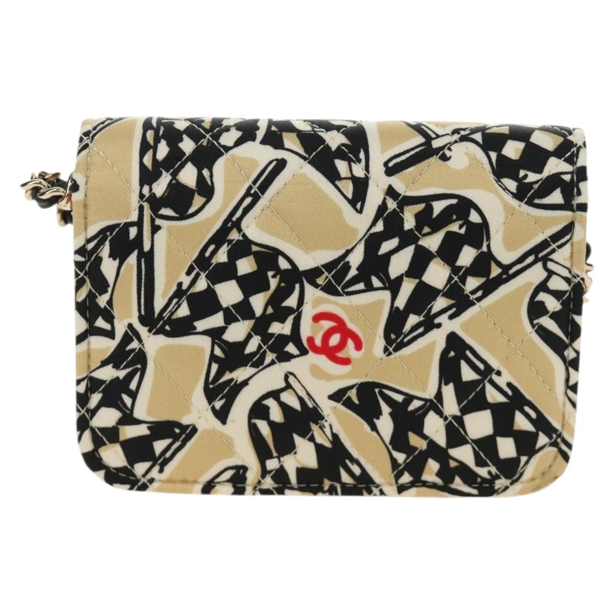 CHANEL Mini Matelasse Chain Shoulder Pouch Satin Beige Silver CC Auth 188736M