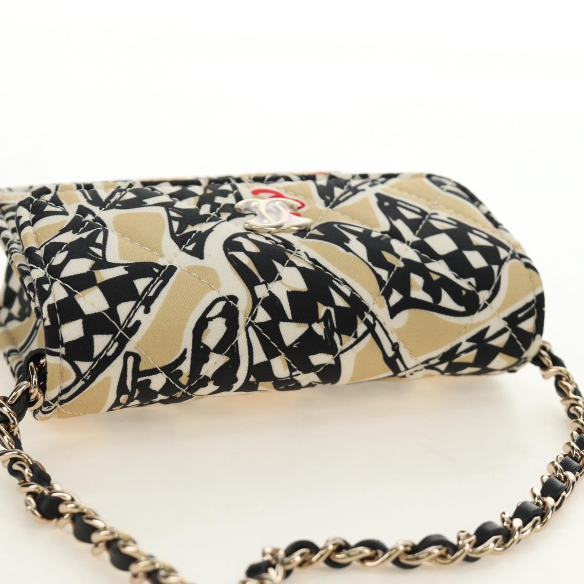 CHANEL Mini Matelasse Chain Shoulder Pouch Satin Beige Silver CC Auth 188736M