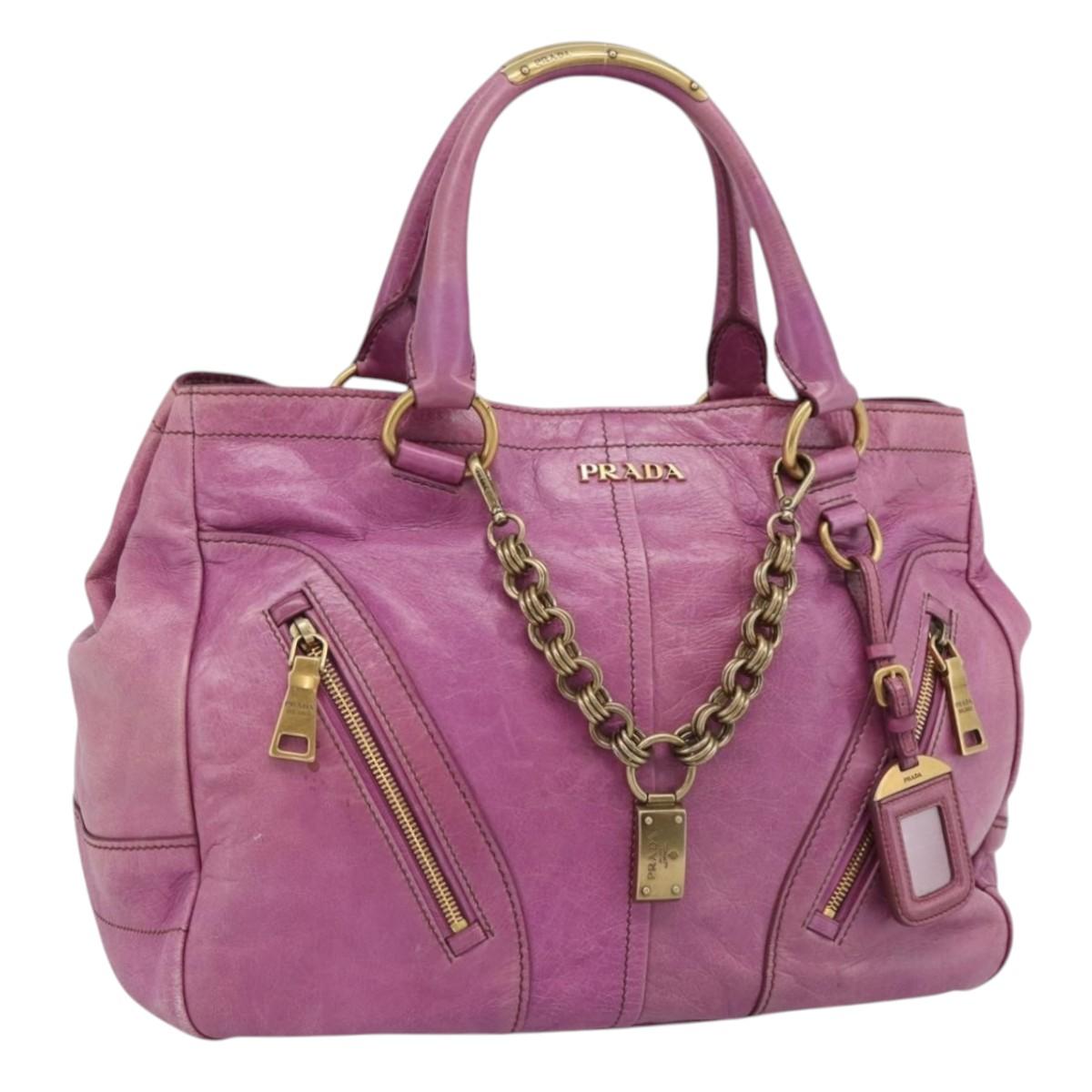 PRADA Hand Bag Leather Purple Gold Auth 188753M