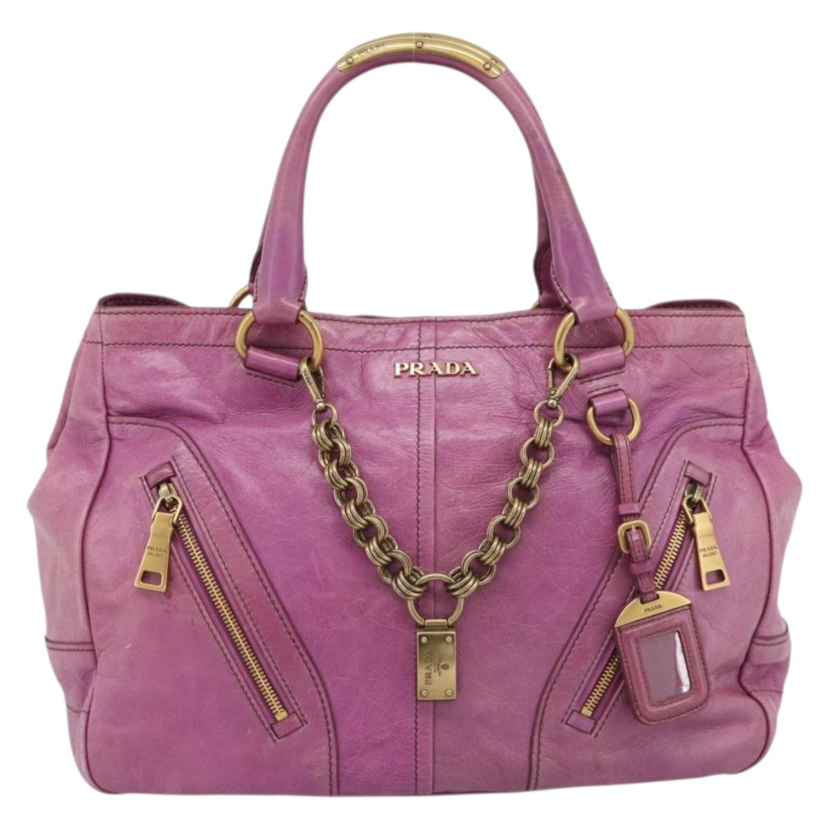 PRADA Hand Bag Leather Purple Gold Auth 188753M