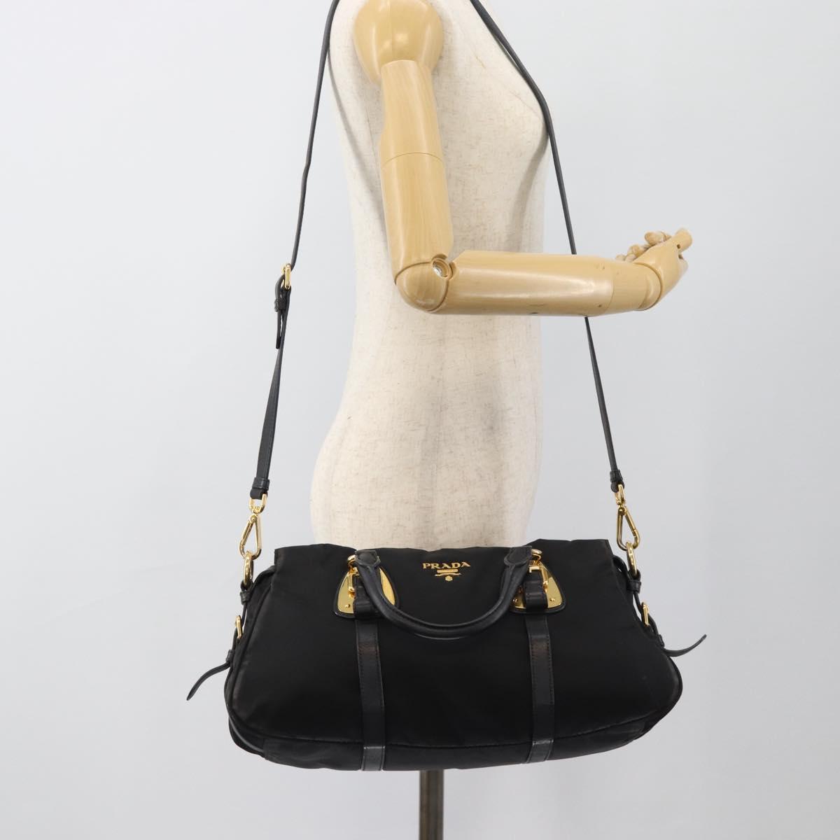 PRADA Hand Bag Nylon 2way Black Gold Auth 188755A