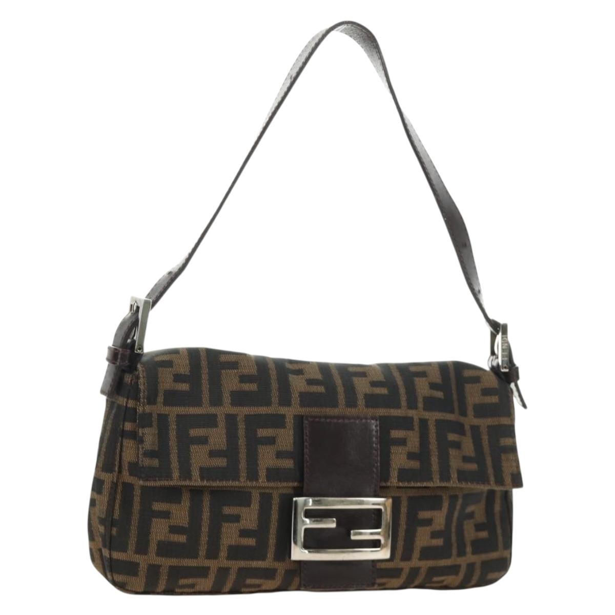 FENDI Zucca Canvas Mamma Baguette Shoulder Bag Black Brown Auth 188763SAM