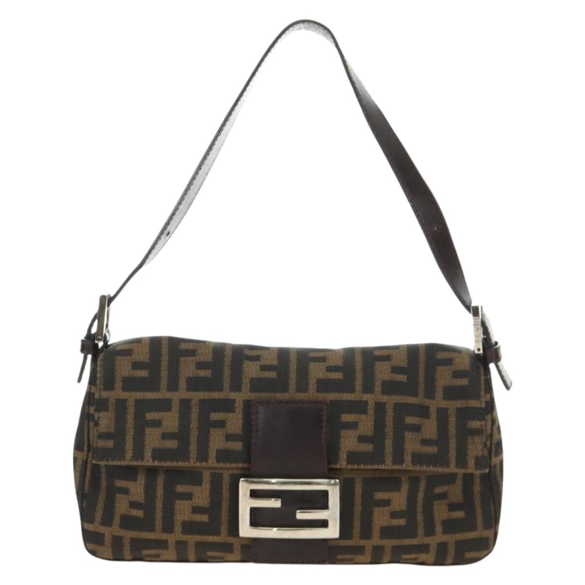 FENDI Zucca Canvas Mamma Baguette Shoulder Bag Black Brown Auth 188763SAM