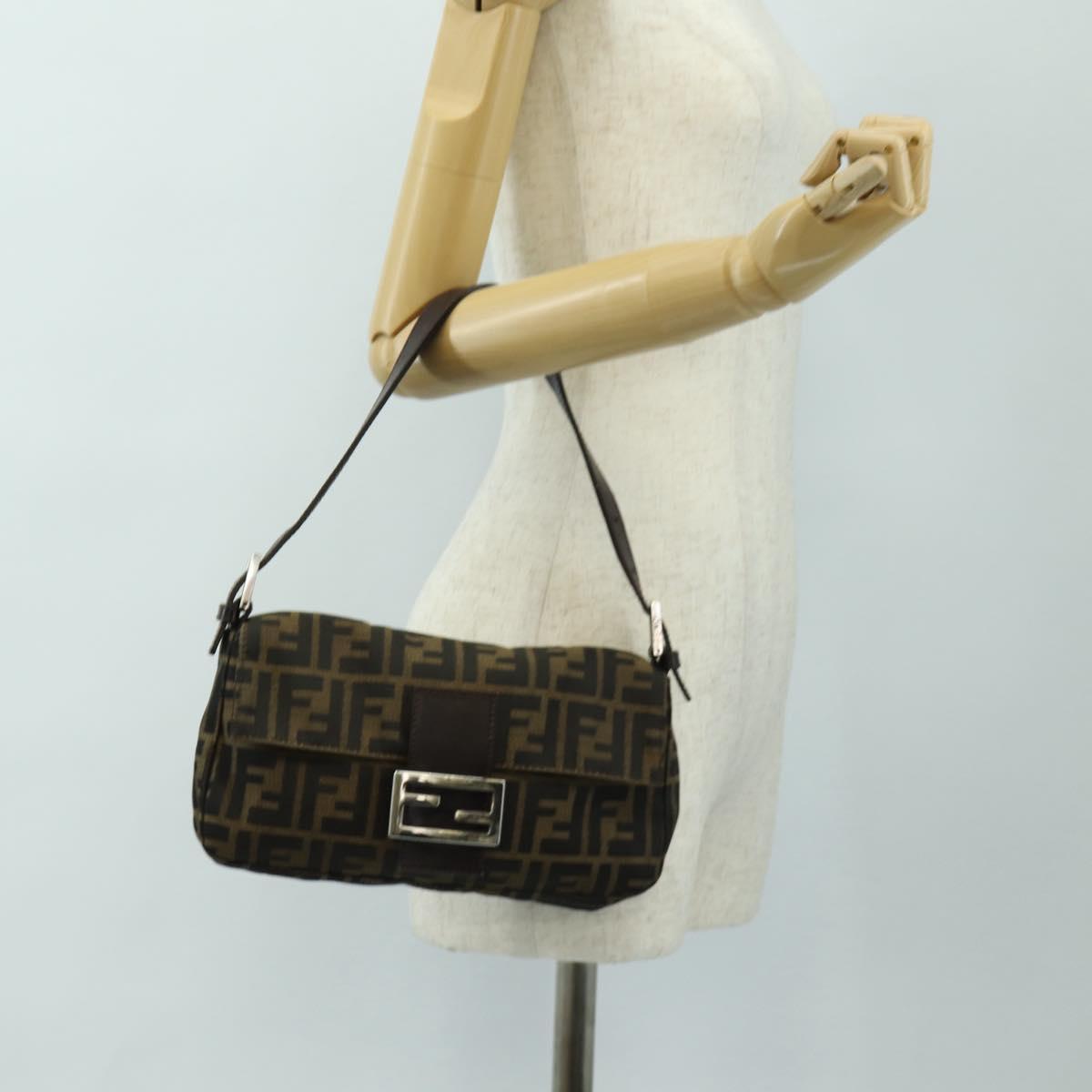 FENDI Zucca Canvas Mamma Baguette Shoulder Bag Black Brown Auth 188763SAM
