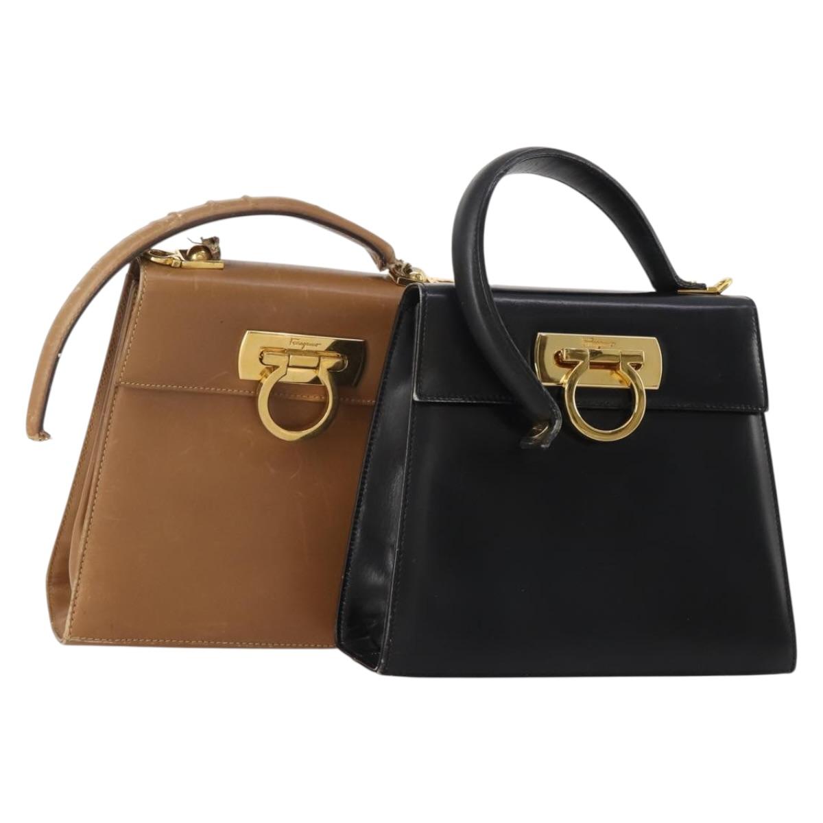 Salvatore Ferragamo Gancini Hand Bag Leather 2 Set Black Brown Auth 188787