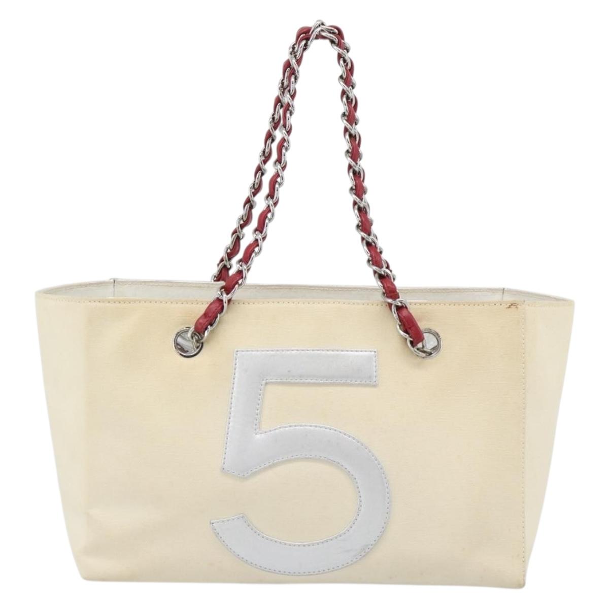 CHANEL Choco Bar Chain Shoulder Tote Bag Canvas Ivory Silver CC Auth 188799A