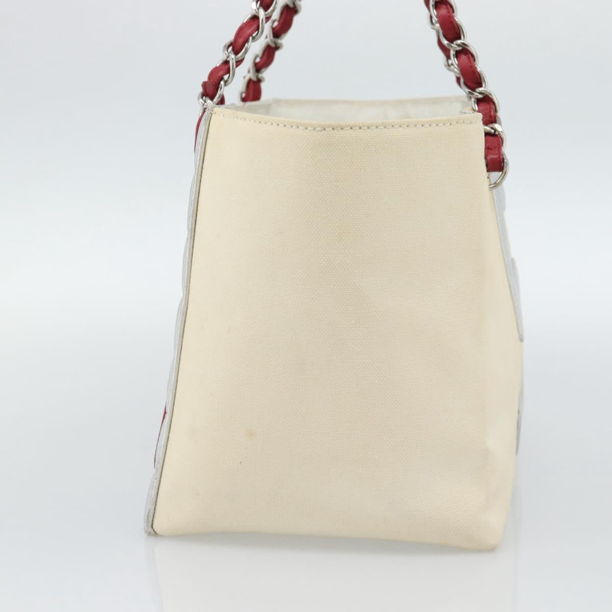 CHANEL Choco Bar Chain Shoulder Tote Bag Canvas Ivory Silver CC Auth 188799A