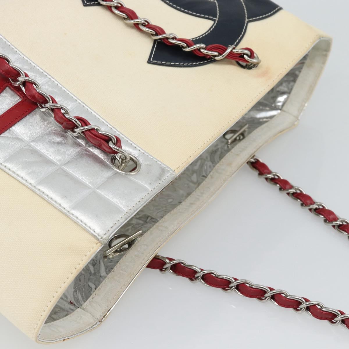 CHANEL Choco Bar Chain Shoulder Tote Bag Canvas Ivory Silver CC Auth 188799A