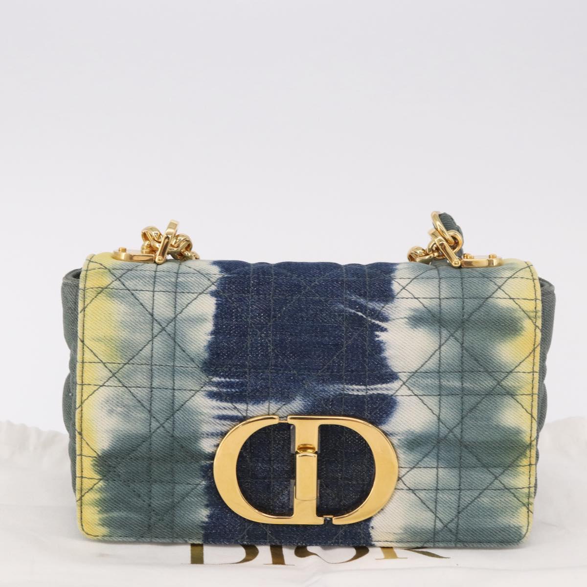 Christian Dior Cannage Miss Caro Chain Bag Canvas Navy Gold Auth 188825SAM