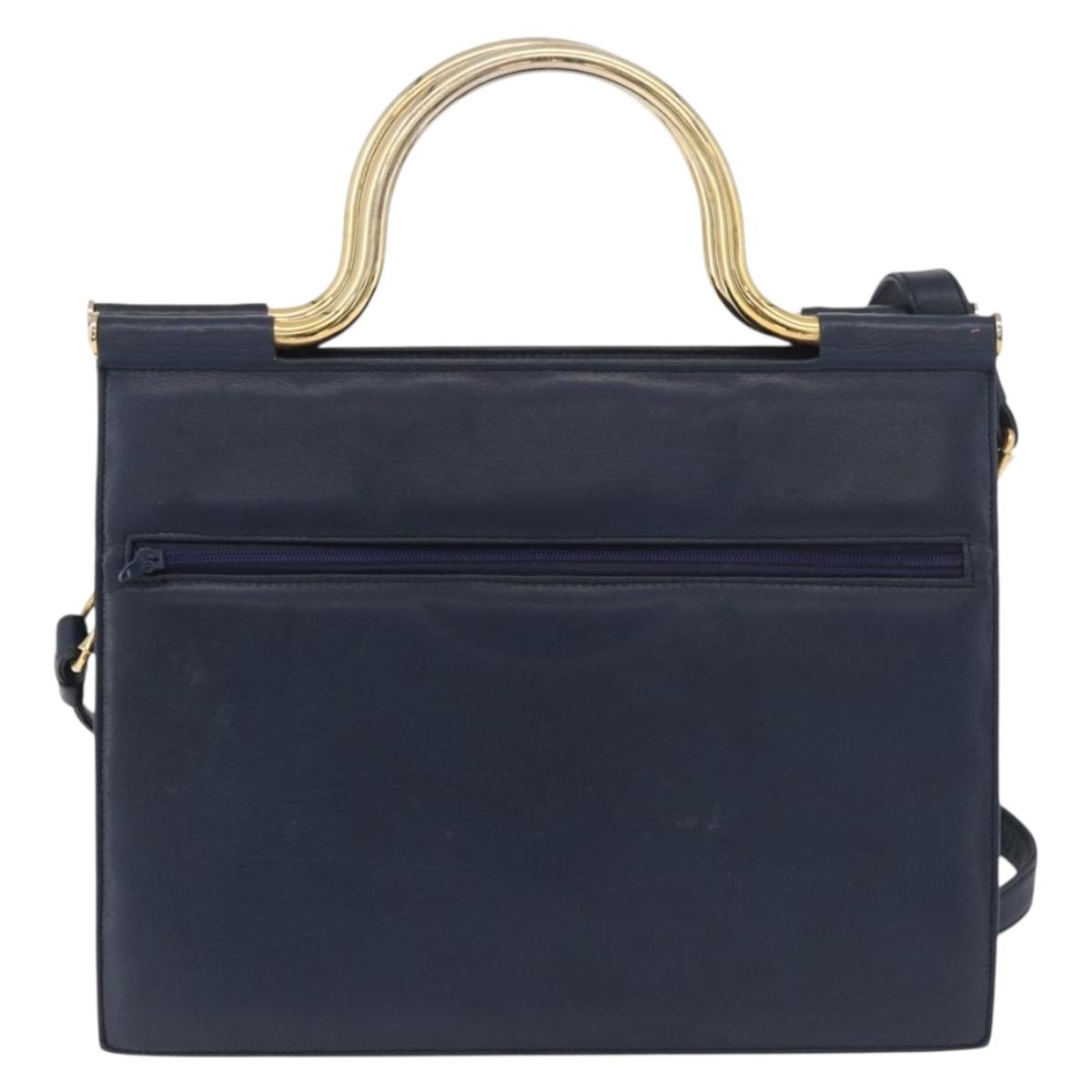 Christian Dior Hand Bag Leather 2way Navy Gold Auth 188827