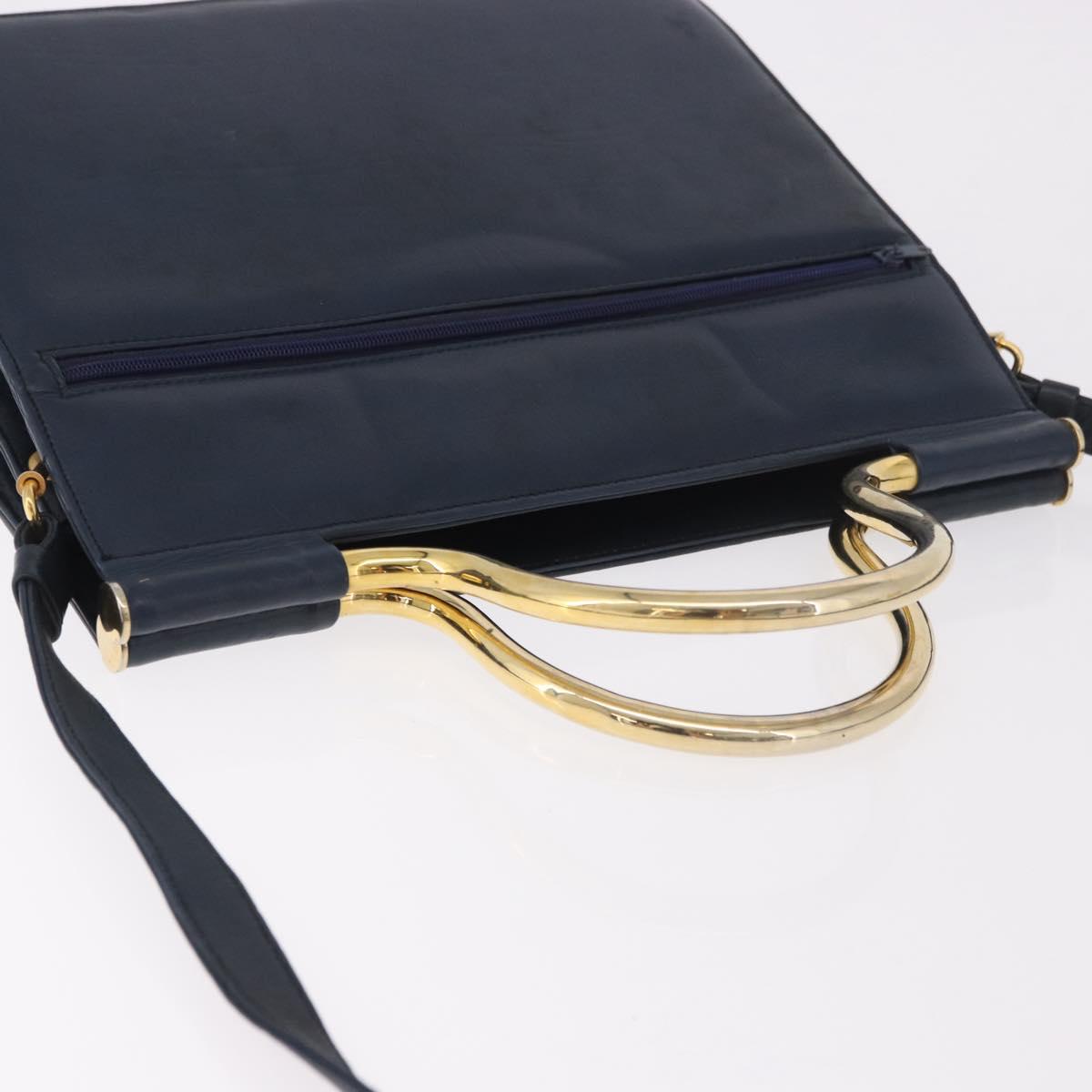 Christian Dior Hand Bag Leather 2way Navy Gold Auth 188827
