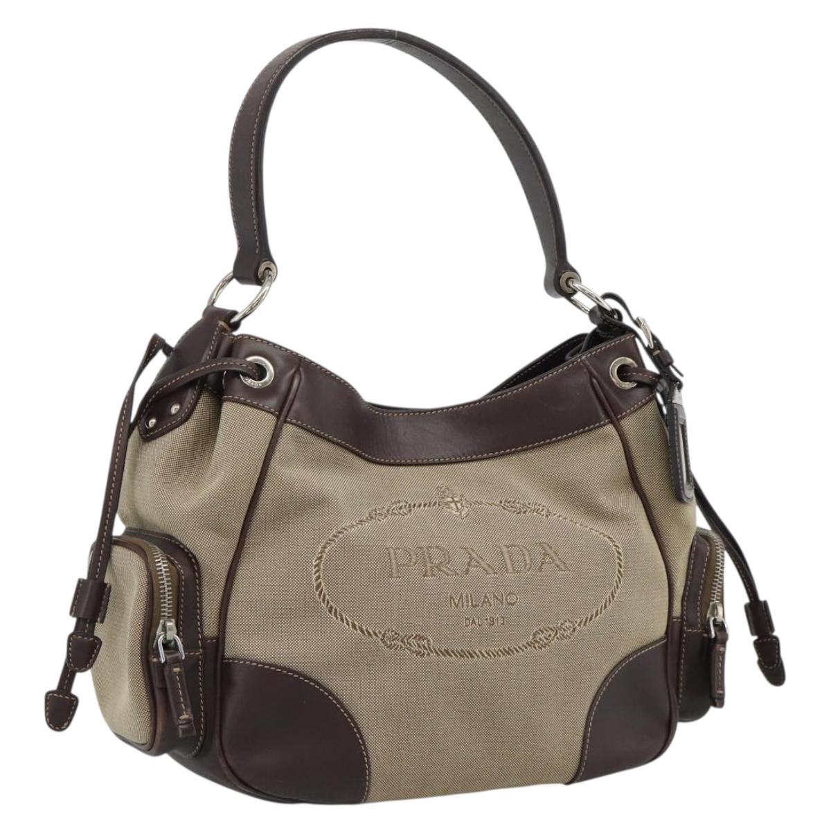 PRADA Jacquard Shoulder Bag Canvas Beige Gold Auth 188837SAM