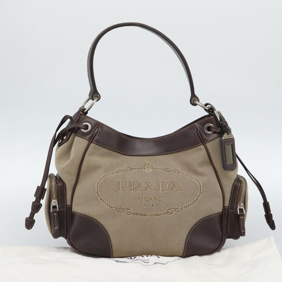 PRADA Jacquard Shoulder Bag Canvas Beige Gold Auth 188837SAM