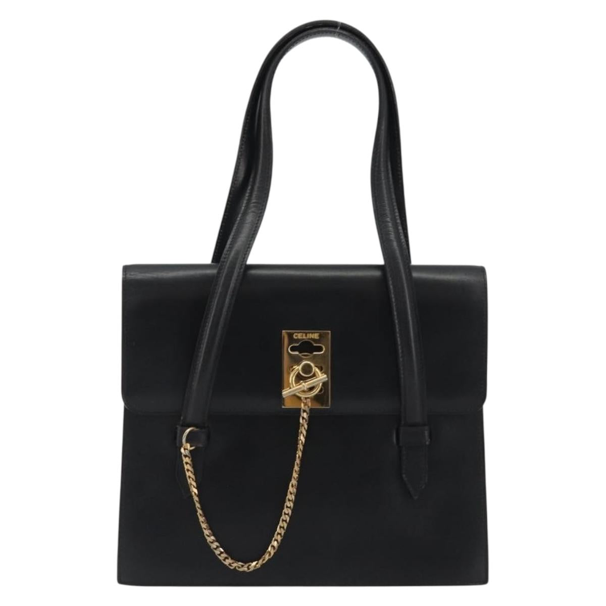 CELINE Hand Bag Leather Black Gold Auth 188840V
