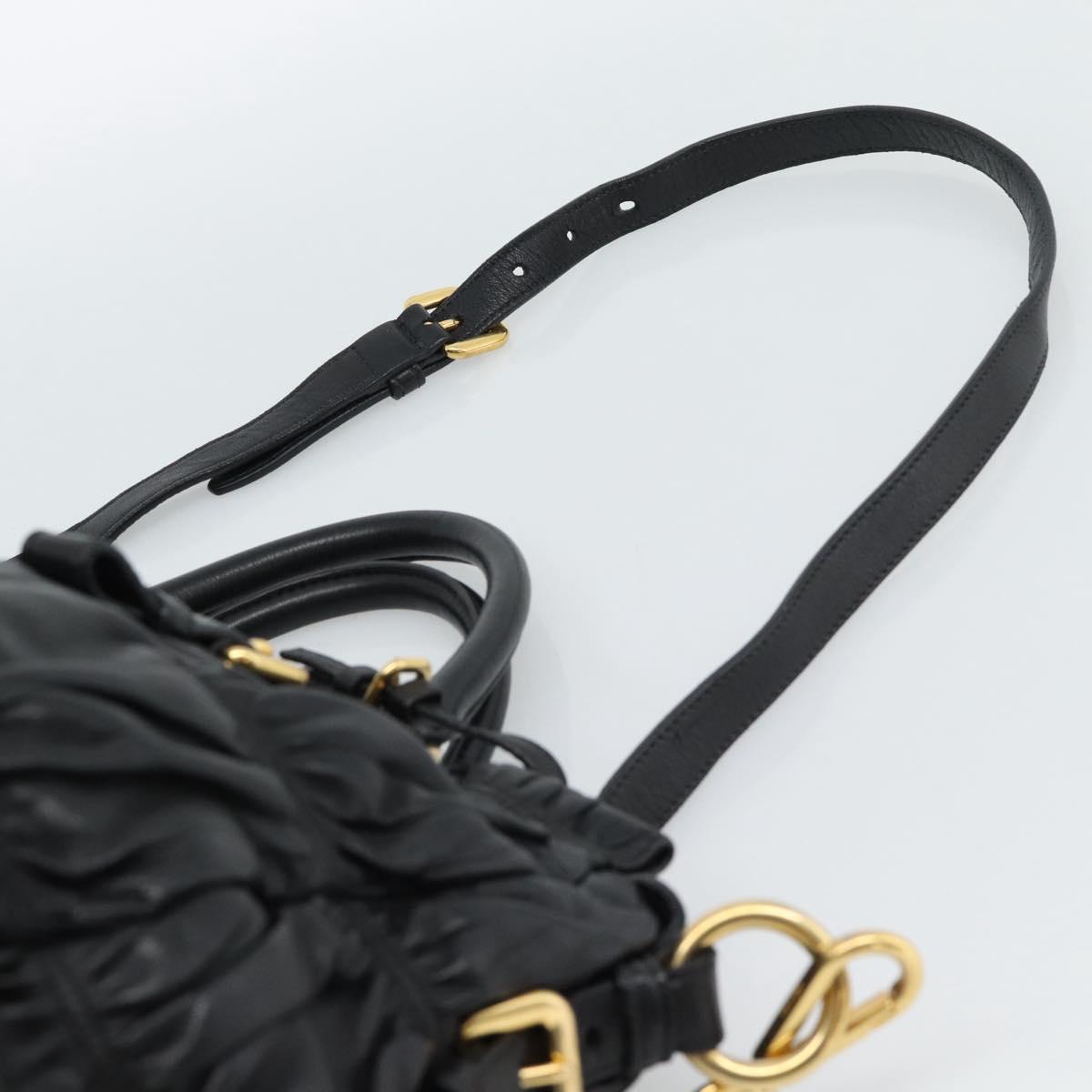 PRADA Gathered Hand Bag Leather 2way Black Gold Auth 188842V