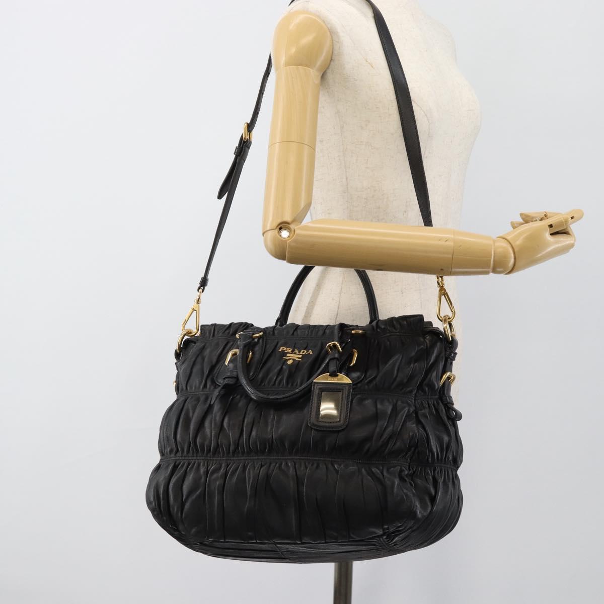 PRADA Gathered Hand Bag Leather 2way Black Gold Auth 188842V