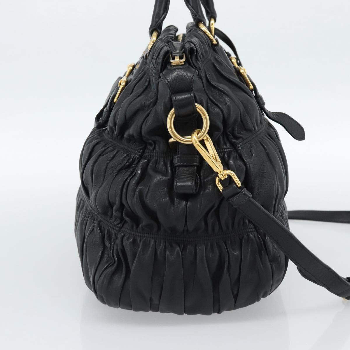 PRADA Gathered Hand Bag Leather 2way Black Gold Auth 188842V
