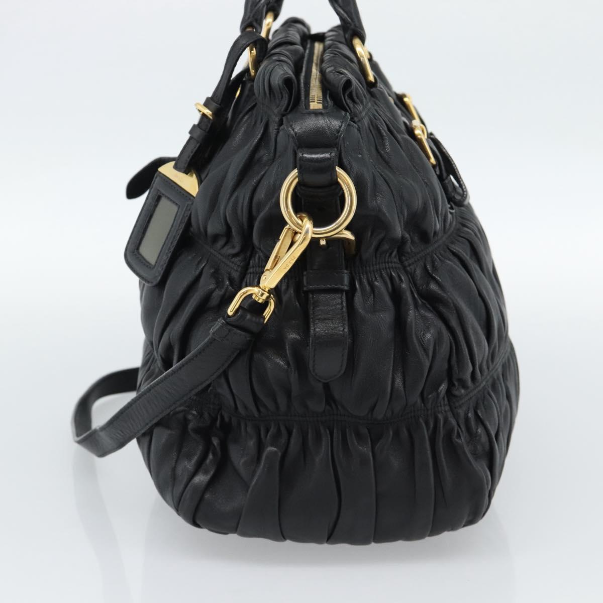 PRADA Gathered Hand Bag Leather 2way Black Gold Auth 188842V