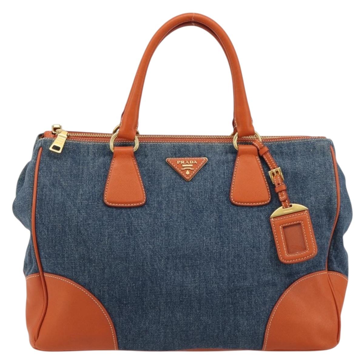 PRADA Hand Bag Denim Blue Gold Auth 188843V