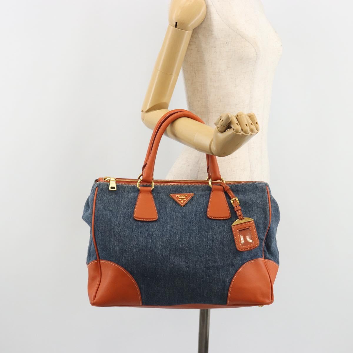 PRADA Hand Bag Denim Blue Gold Auth 188843V