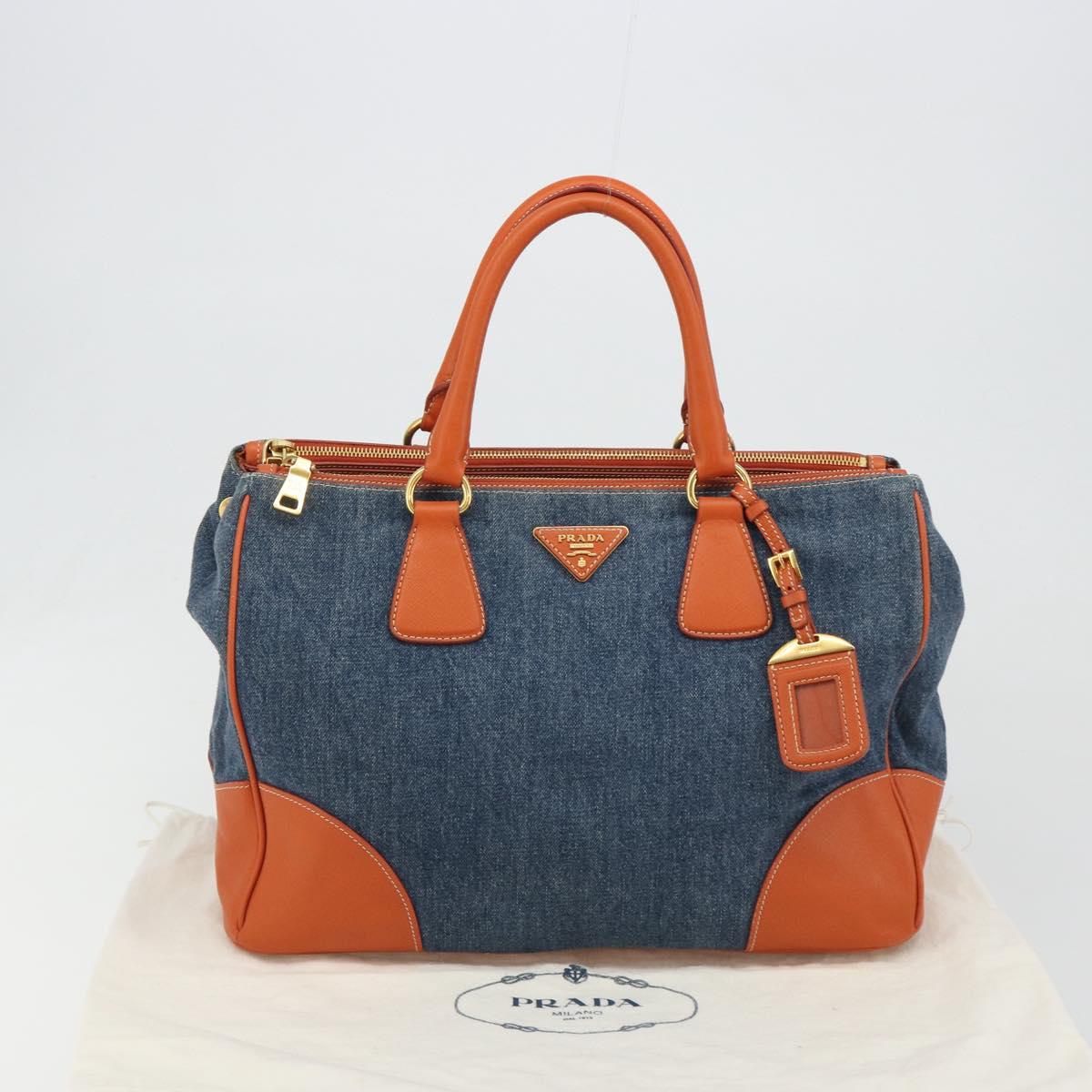 PRADA Hand Bag Denim Blue Gold Auth 188843V