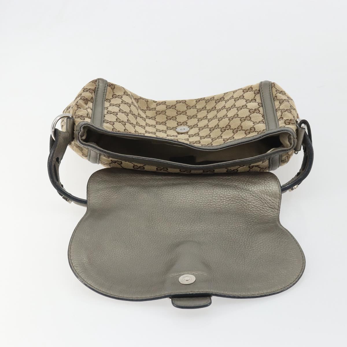 GUCCI Horsebit GG Canvas Shoulder Bag Beige Silver 240266 Auth 188846A