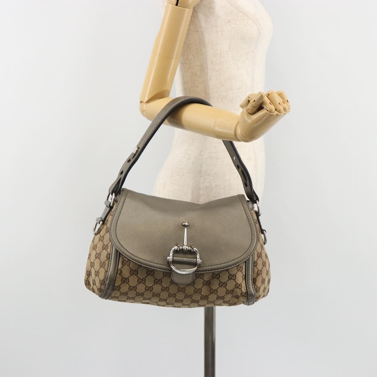 GUCCI Horsebit GG Canvas Shoulder Bag Beige Silver 240266 Auth 188846A