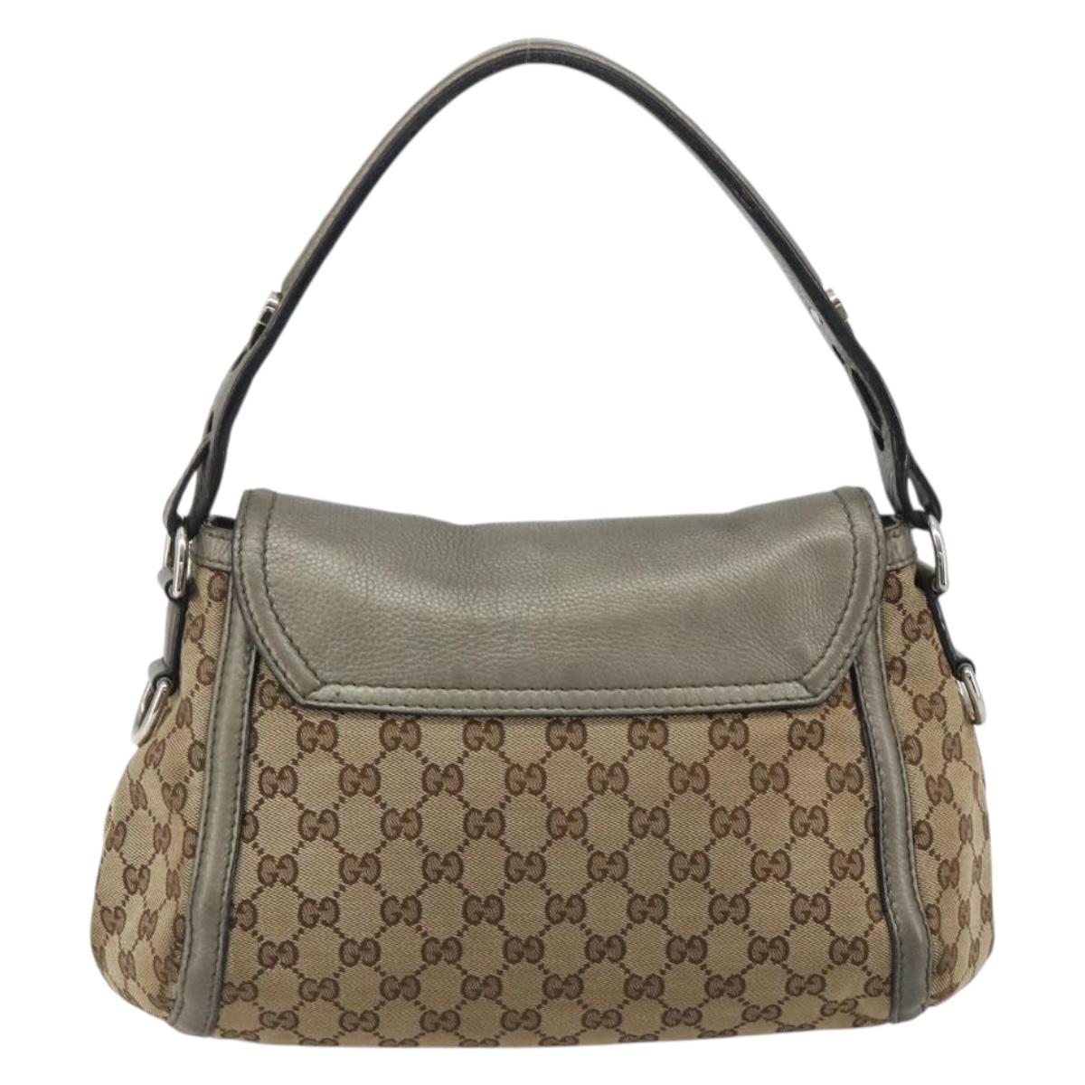 GUCCI Horsebit GG Canvas Shoulder Bag Beige Silver 240266 Auth 188846A
