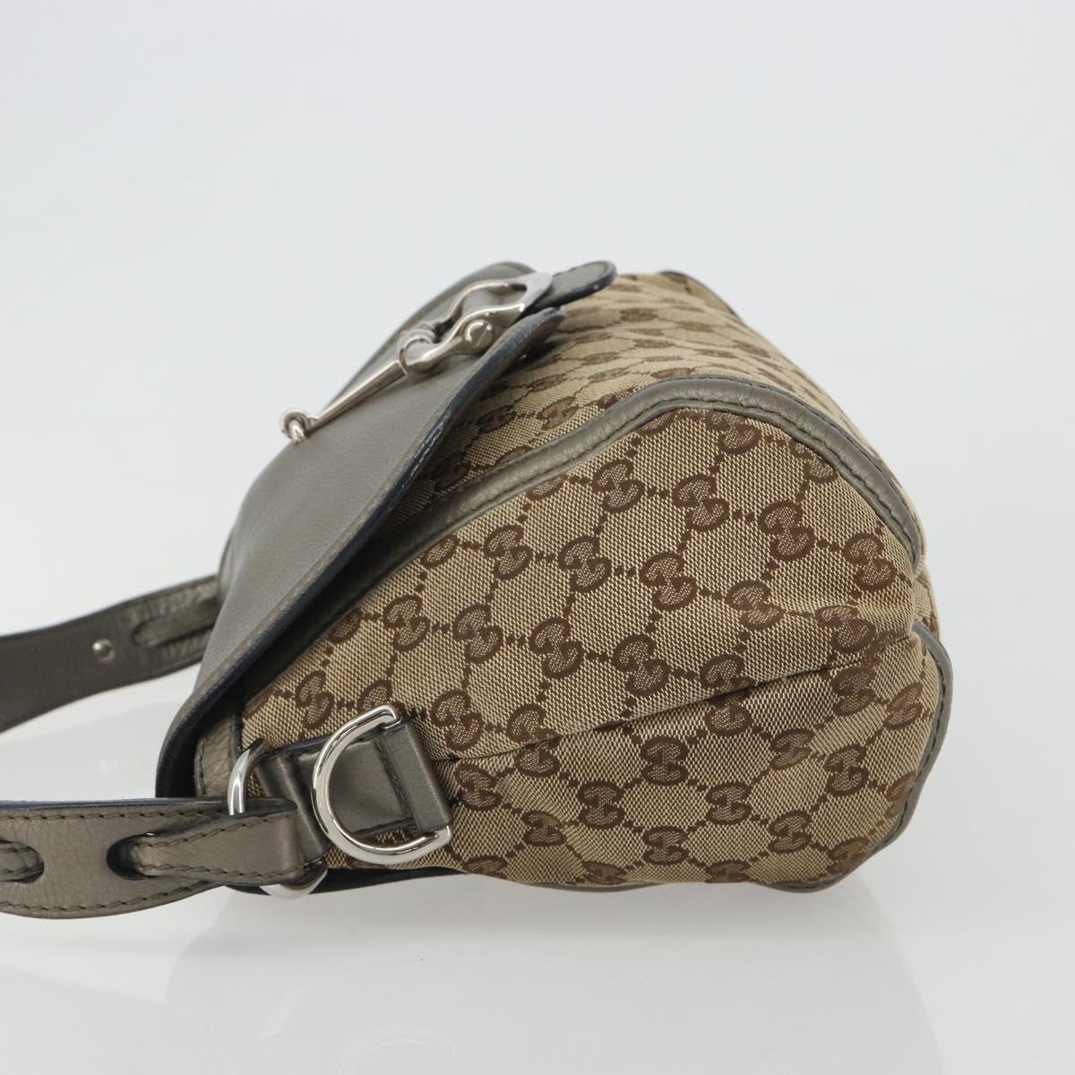 GUCCI Horsebit GG Canvas Shoulder Bag Beige Silver 240266 Auth 188846A