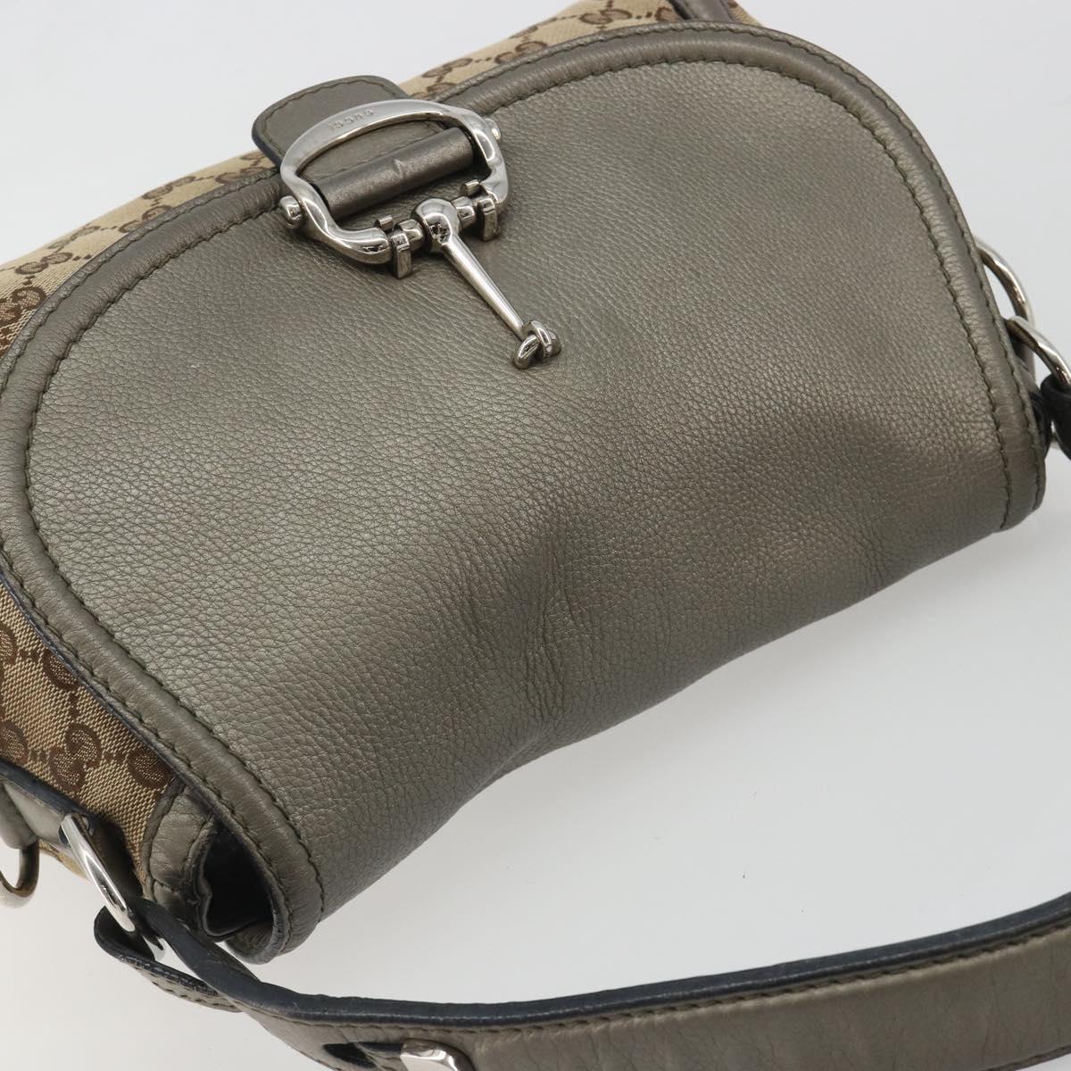 GUCCI Horsebit GG Canvas Shoulder Bag Beige Silver 240266 Auth 188846A