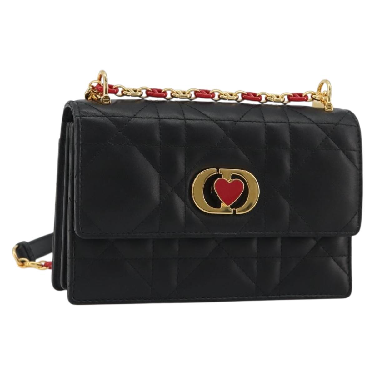 Christian Dior Cannage Miss Caro Chain Bag Leather Black Gold Auth 188849SAM