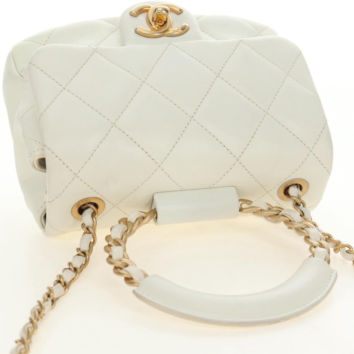 CHANEL Matelasse Top Handle Chain Bag Leather 2way White Gold CC Auth 188866SAM