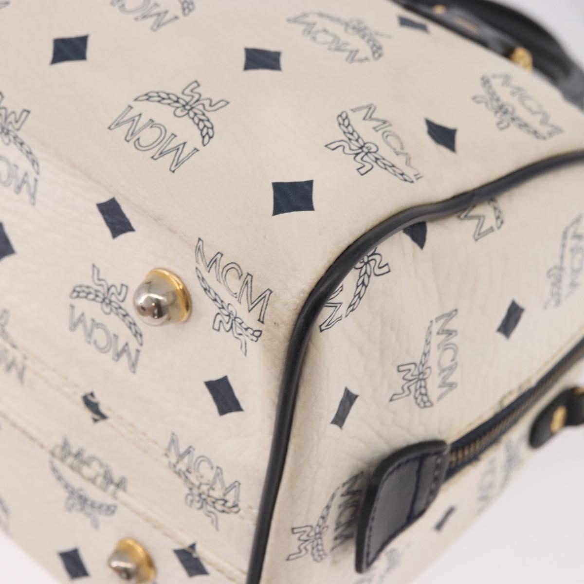 MCM Vicetos Logogram Boston Bag PVC Leather 2way White Gold Auth 188869