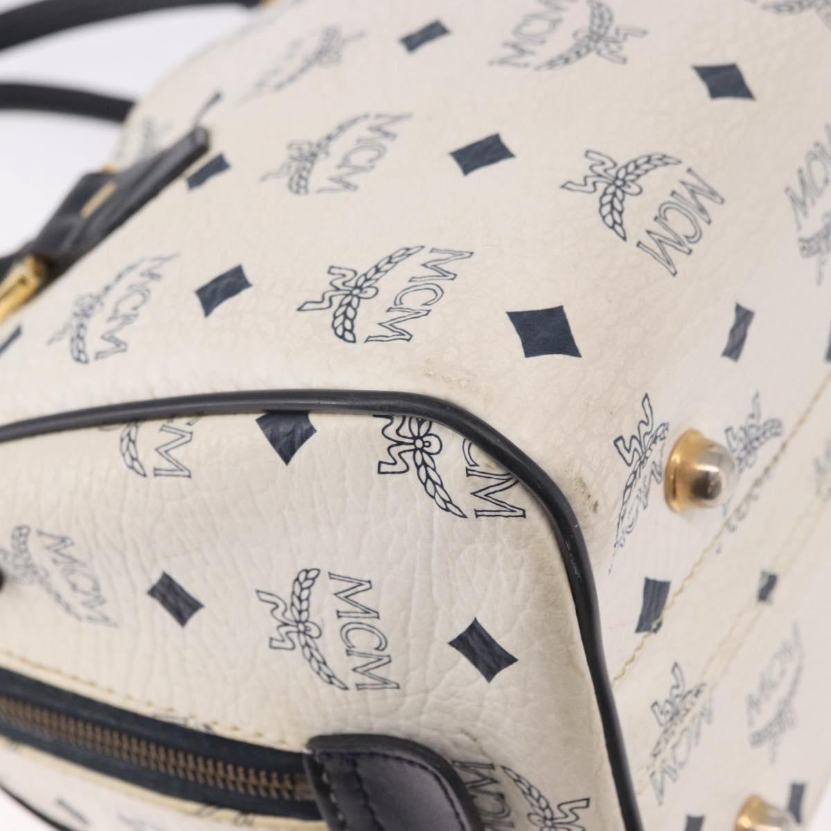 MCM Vicetos Logogram Boston Bag PVC Leather 2way White Gold Auth 188869