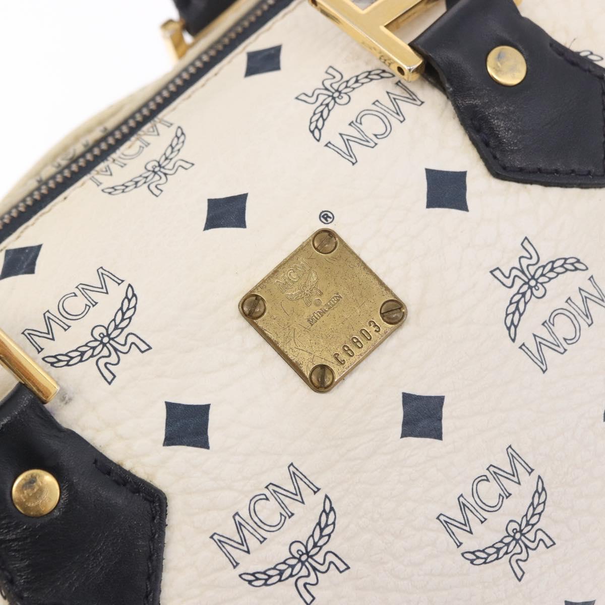 MCM Vicetos Logogram Boston Bag PVC Leather 2way White Gold Auth 188869