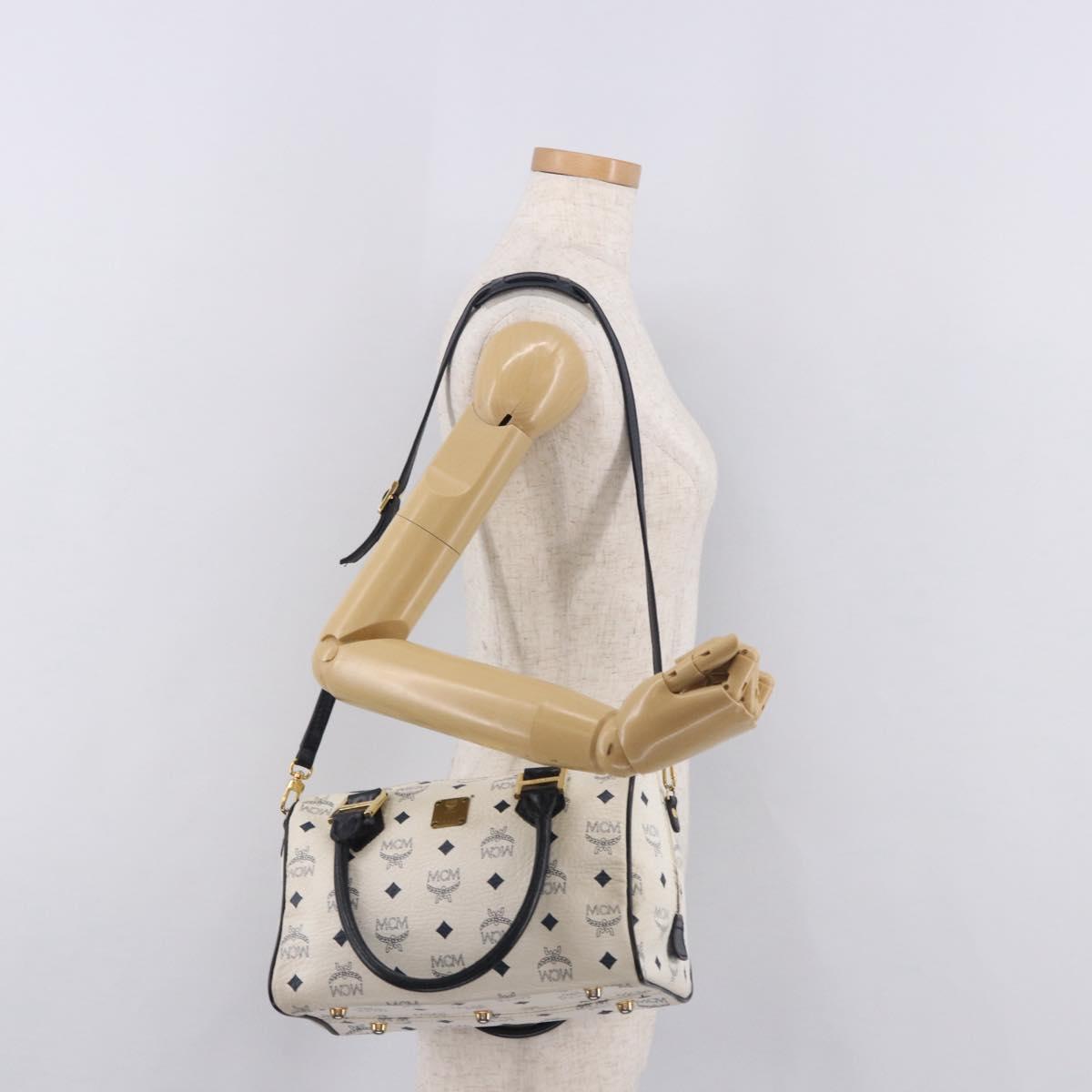 MCM Vicetos Logogram Boston Bag PVC Leather 2way White Gold Auth 188869