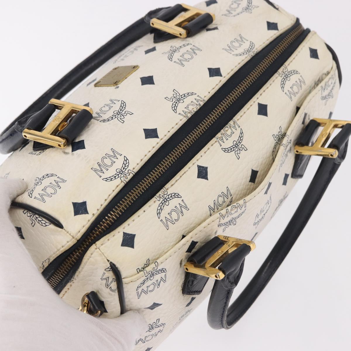 MCM Vicetos Logogram Boston Bag PVC Leather 2way White Gold Auth 188869