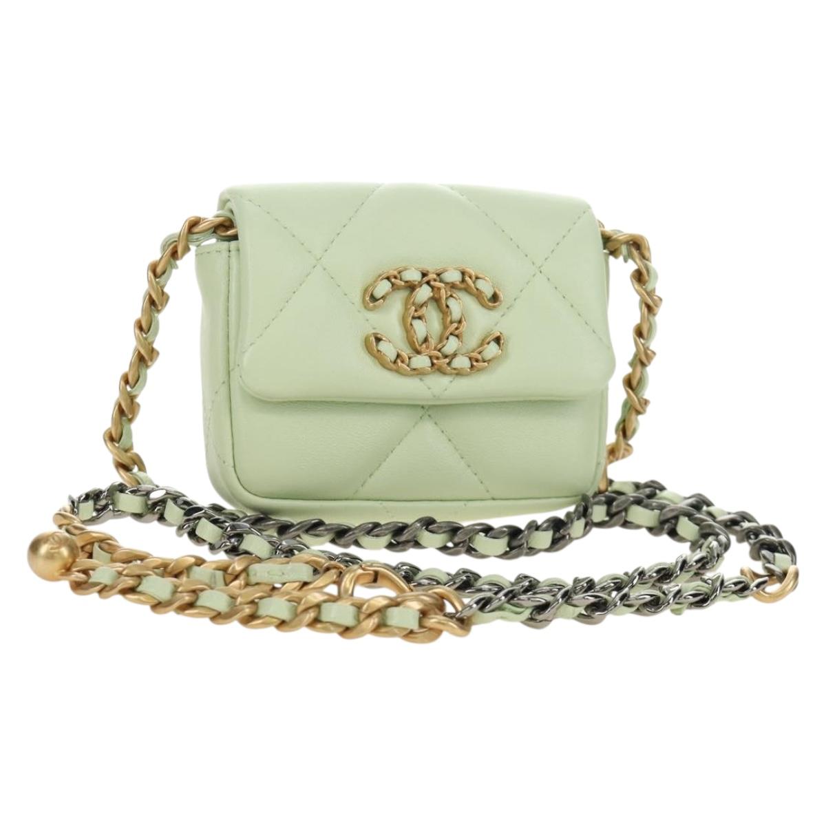 CHANEL Matelasse 19 Chain Bag Lamb Skin Gold Light green CC Auth 188887SAM