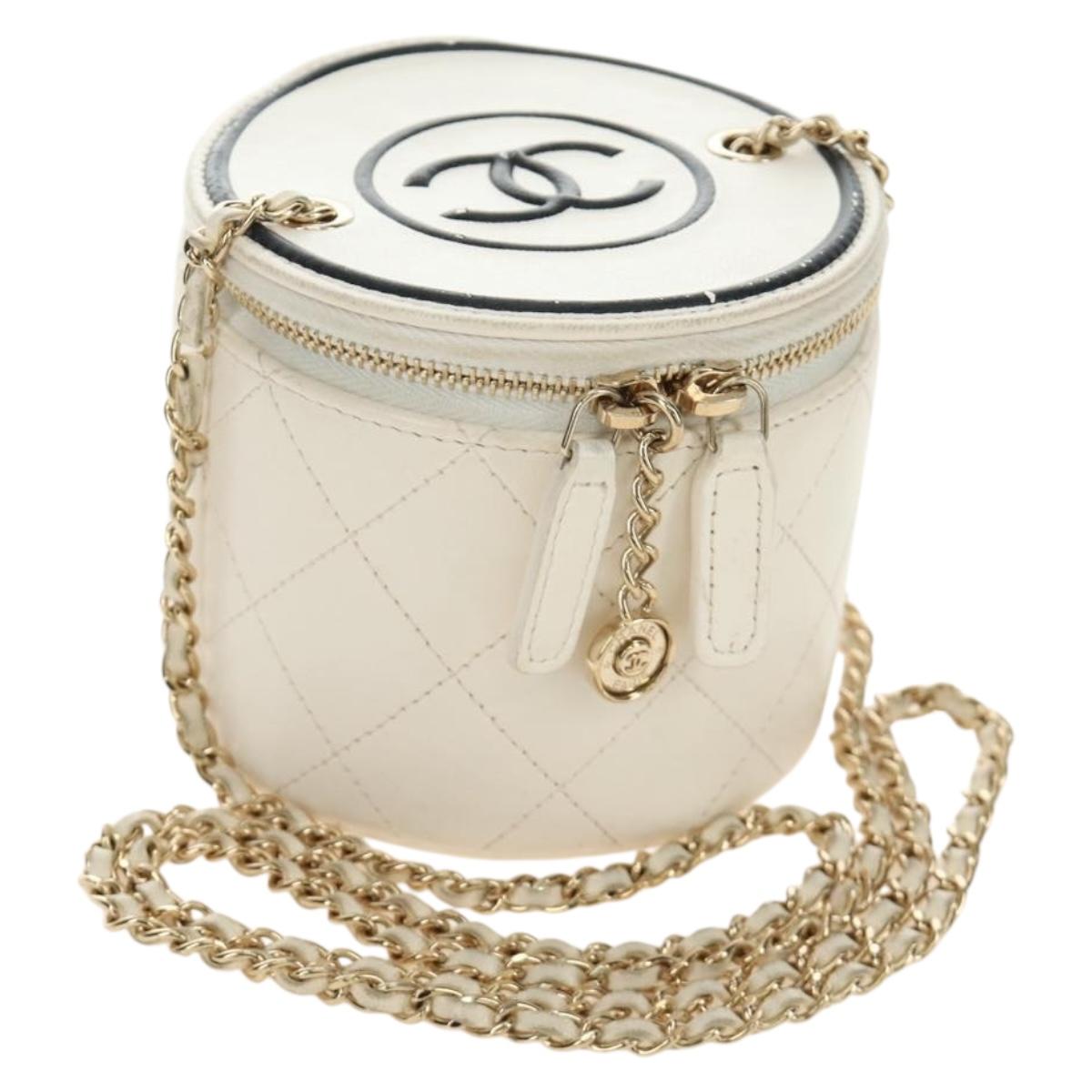 CHANEL Matelasse Chain Vanity Bag Lamb Skin White Gold CC Auth 188894SAM