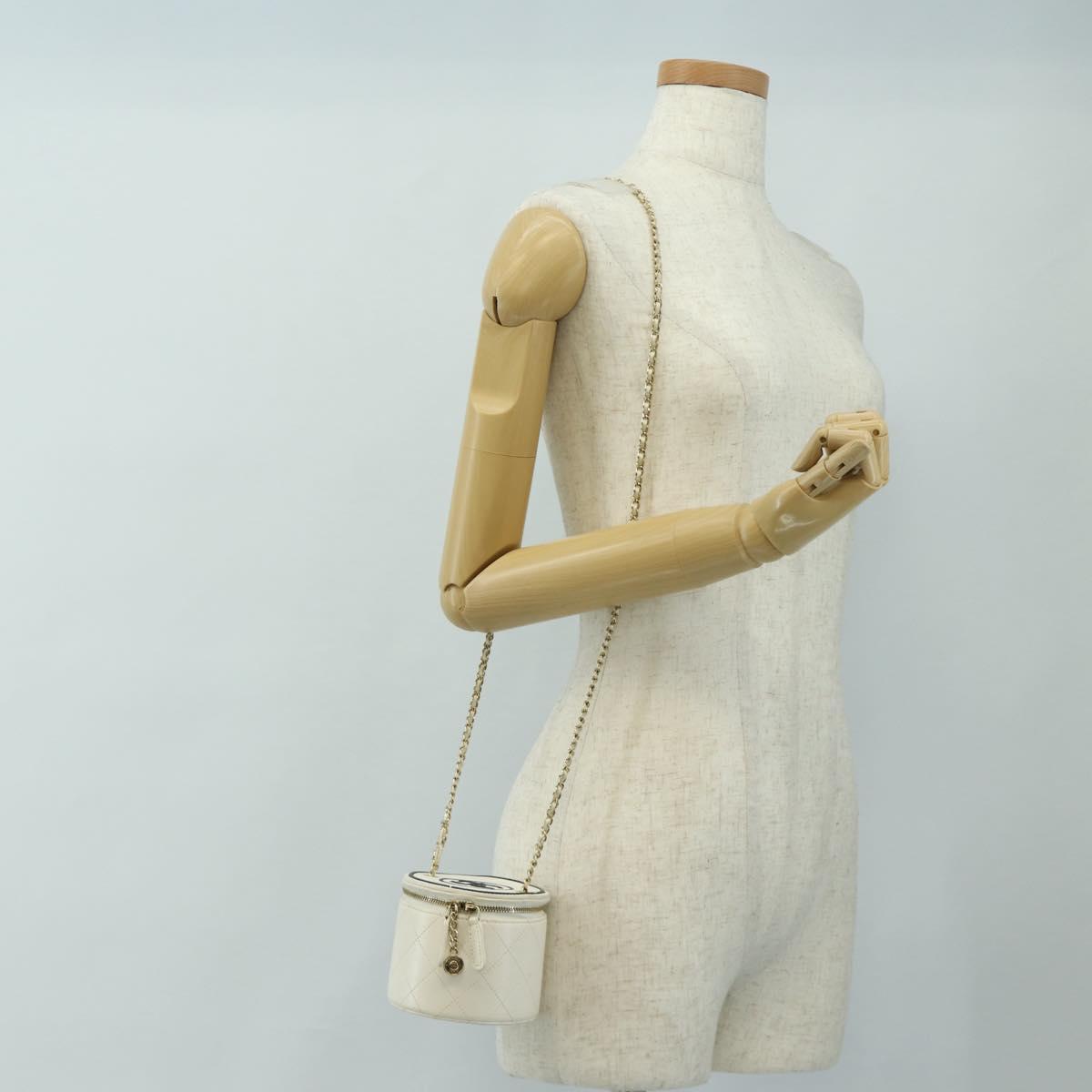 CHANEL Matelasse Chain Vanity Bag Lamb Skin White Gold CC Auth 188894SAM