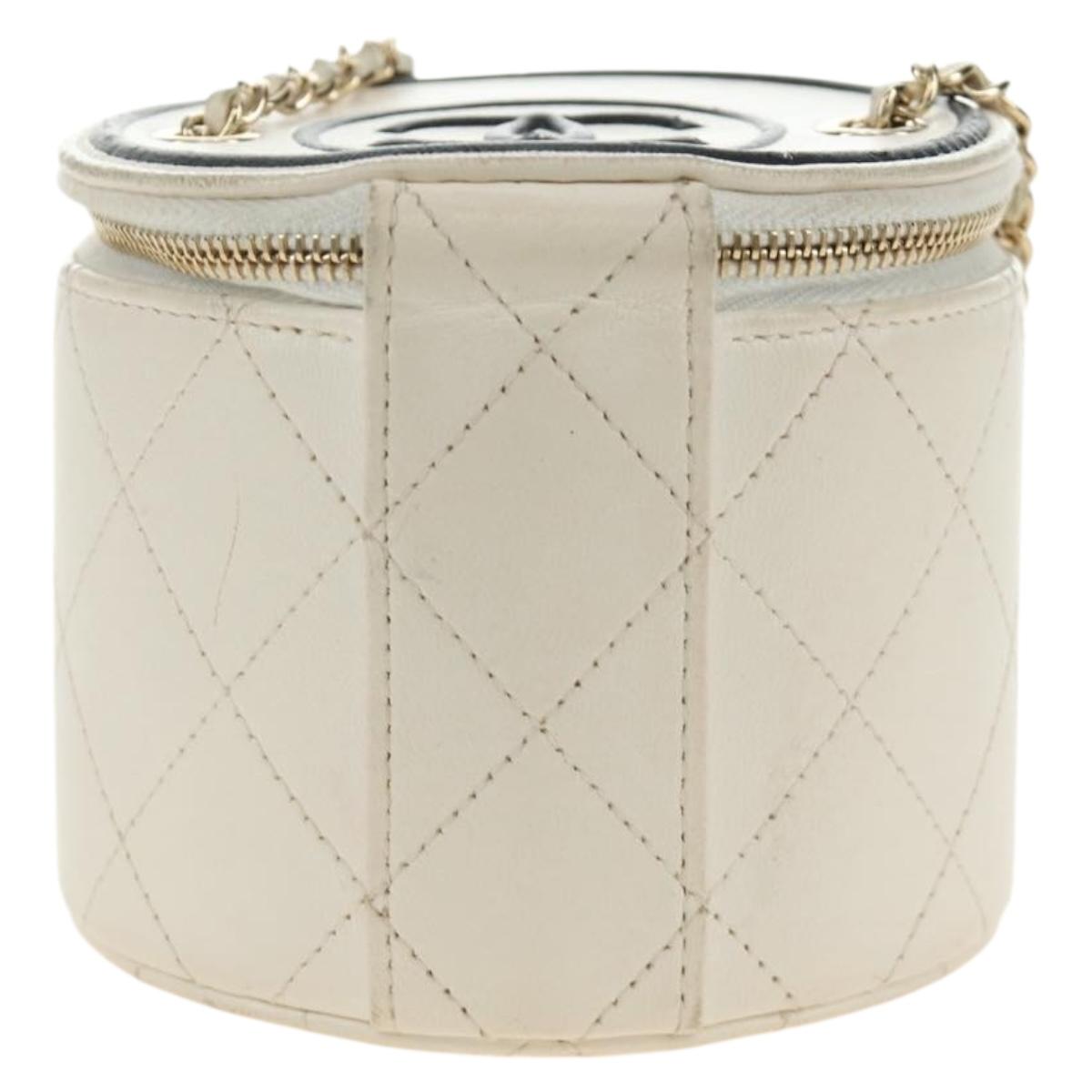 CHANEL Matelasse Chain Vanity Bag Lamb Skin White Gold CC Auth 188894SAM