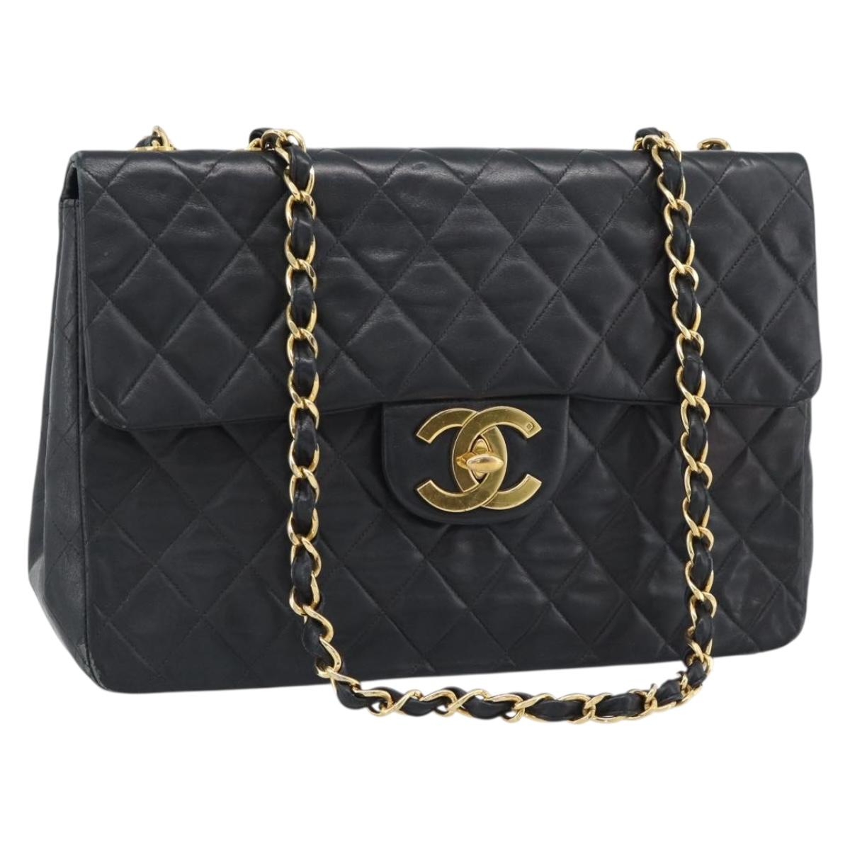 CHANEL Big Matelasse34 Chain Shoulder Bag Lamb Skin Black Gold CC Auth 188910V
