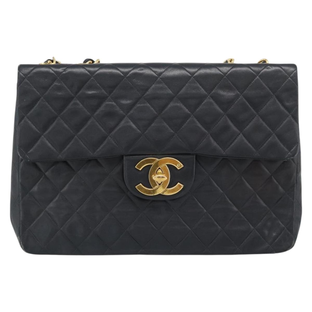 CHANEL Big Matelasse34 Chain Shoulder Bag Lamb Skin Black Gold CC Auth 188910V